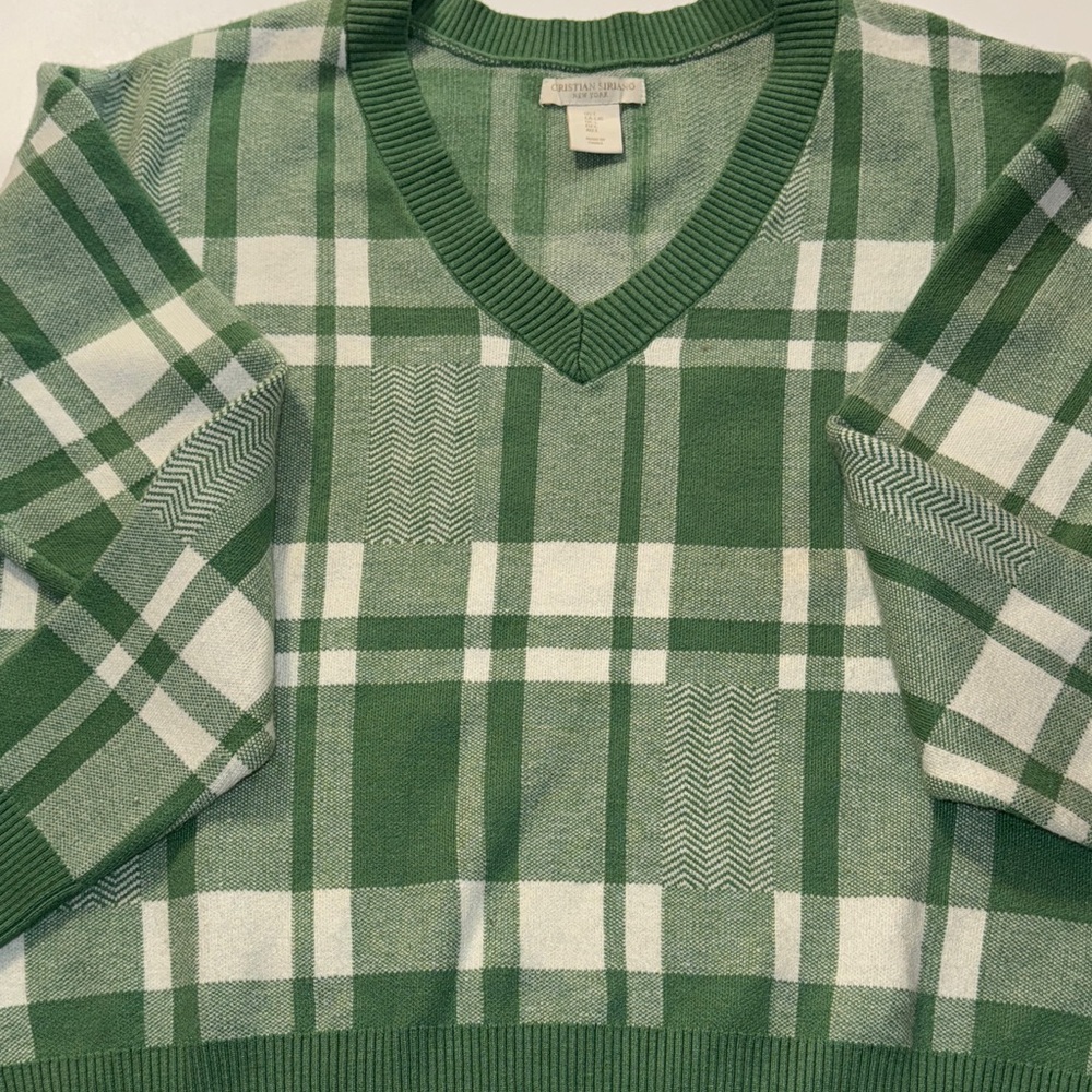 Christian‎ Siriano Green Plaid V-Neck Sweater
